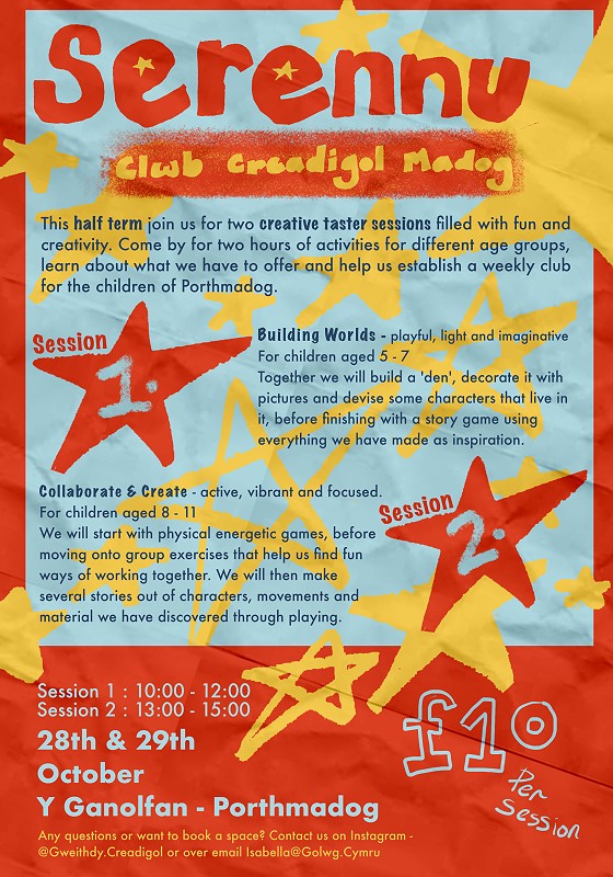 Colourful poster with information about the 2 creative sessions