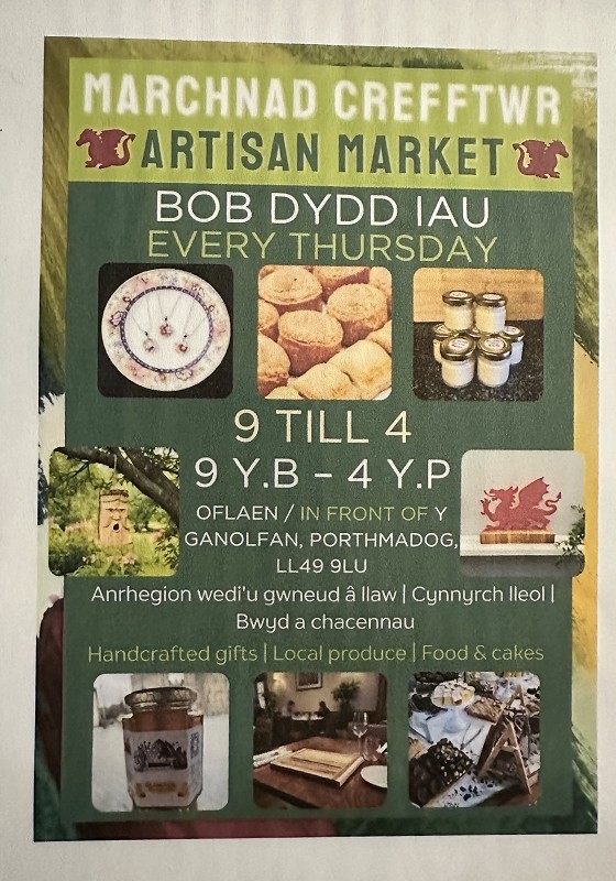 Images of local produce available for sale every Thursday in the craft market outside Y Ganolfan